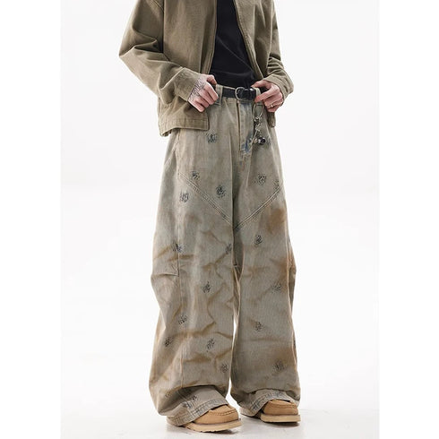 Summer Yellow Mud Graffiti Jeans Men's Y2K Vintage High Waisted Streetwear